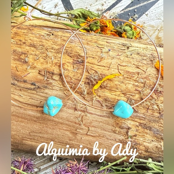 Big turquoise chunks wire gold dangle bohemian hoops - Picture 1 of 1